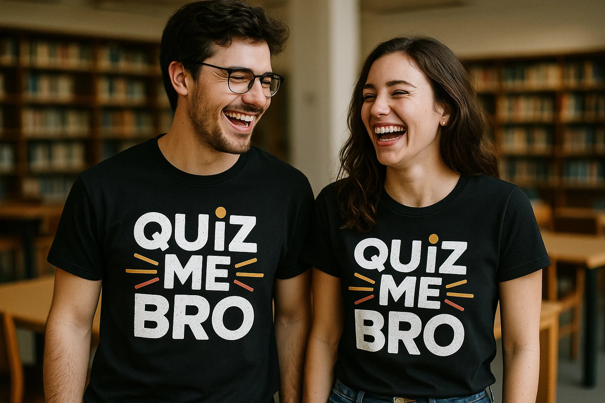 Person wearing the black studying t shirt graphic tee - "Quiz Me Bro" design