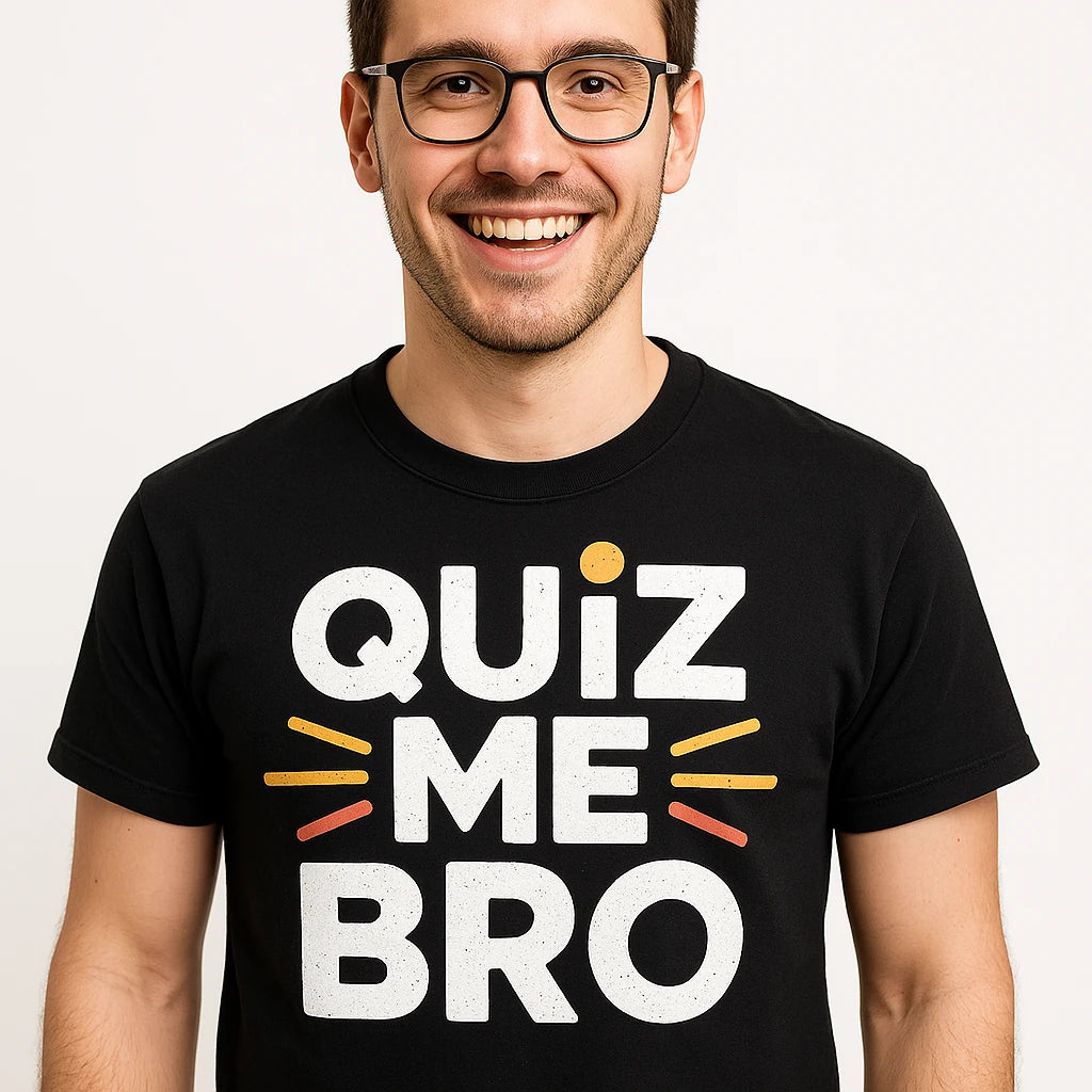 Close-up of the "Quiz Me Bro" white print on a premium Bella+Canvas black studying t shirt