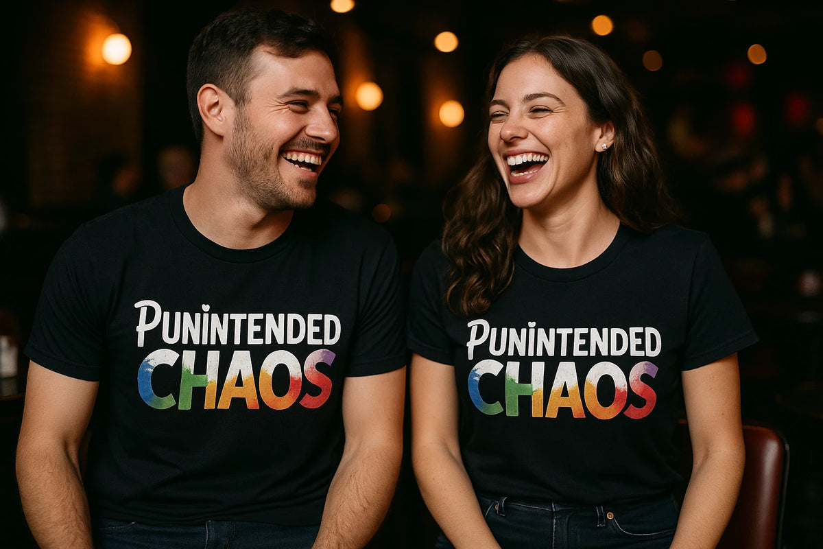 Person wearing the black comedy t shirts for him graphic tee - "Punintended Chaos" design