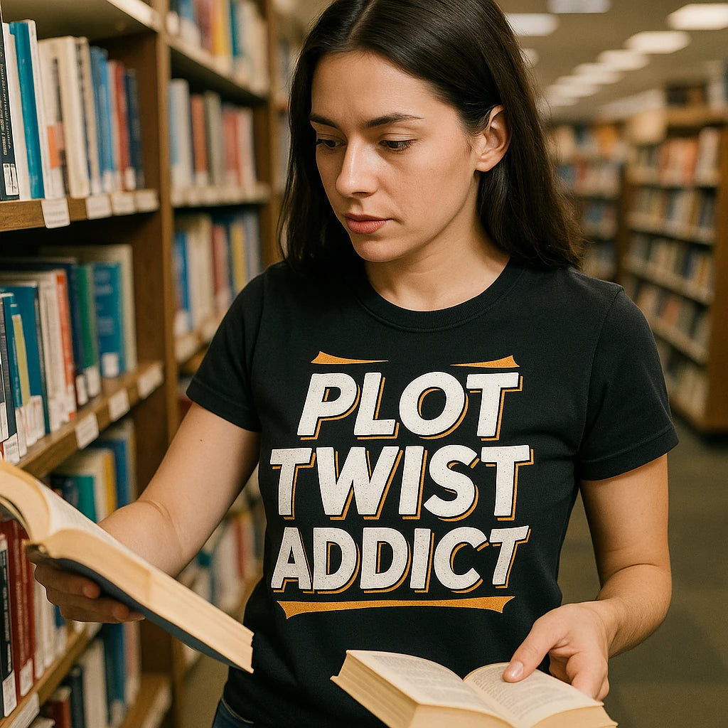 "Plot Twist Addict" black book t shirt - also a book club gift ideas
