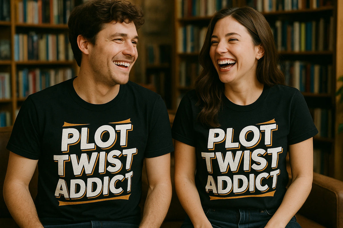 Person wearing the black book t shirt graphic tee - "Plot Twist Addict" design