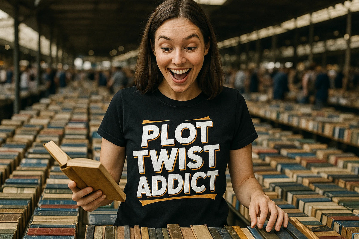 Lifestyle shot of the "Plot Twist Addict" black book t shirt in a real-world setting