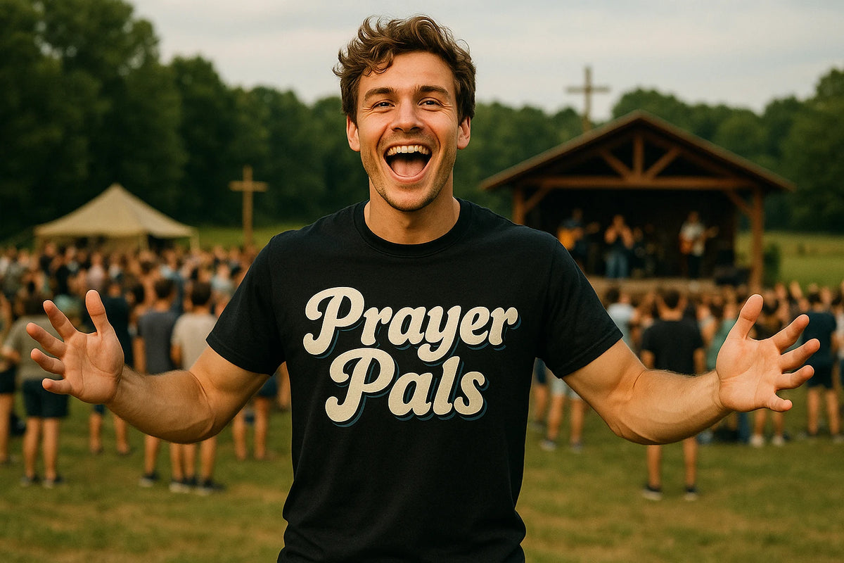 Lifestyle shot of the "Prayer Pals" black faith over fear t shirt in a real-world setting