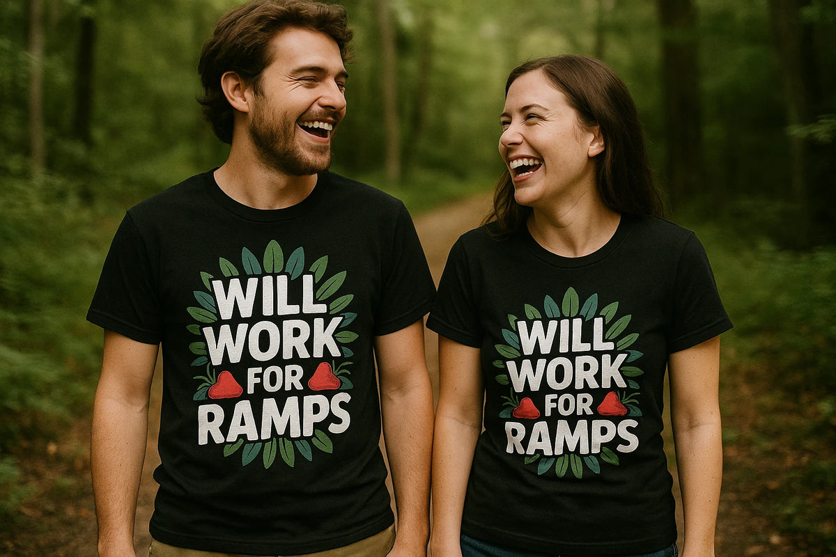 Person wearing the black foraging shirts graphic tee - "Will Work for Ramps" design