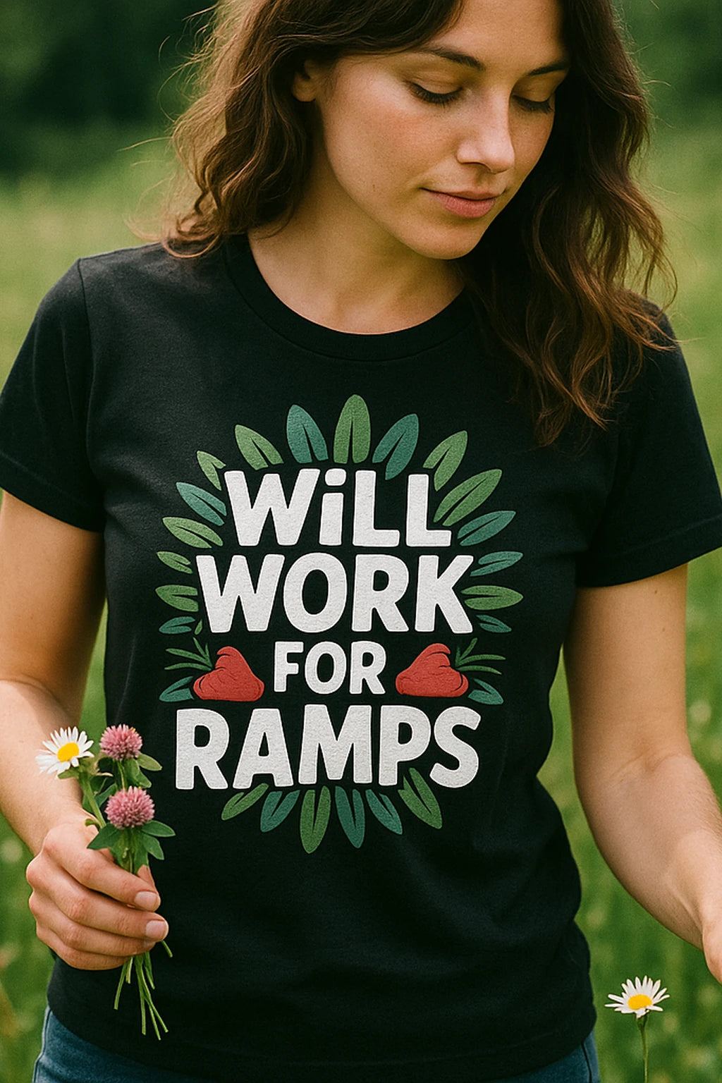 "Will Work for Ramps" black foraging shirts, photographed as foraging lover gift
