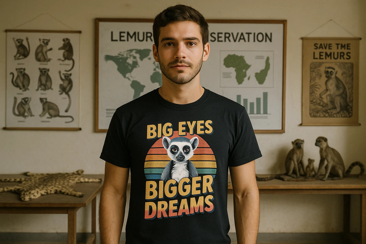 Lifestyle shot of the "Big Eyes Bigger Dreams" black lemur t shirt in a real-world setting