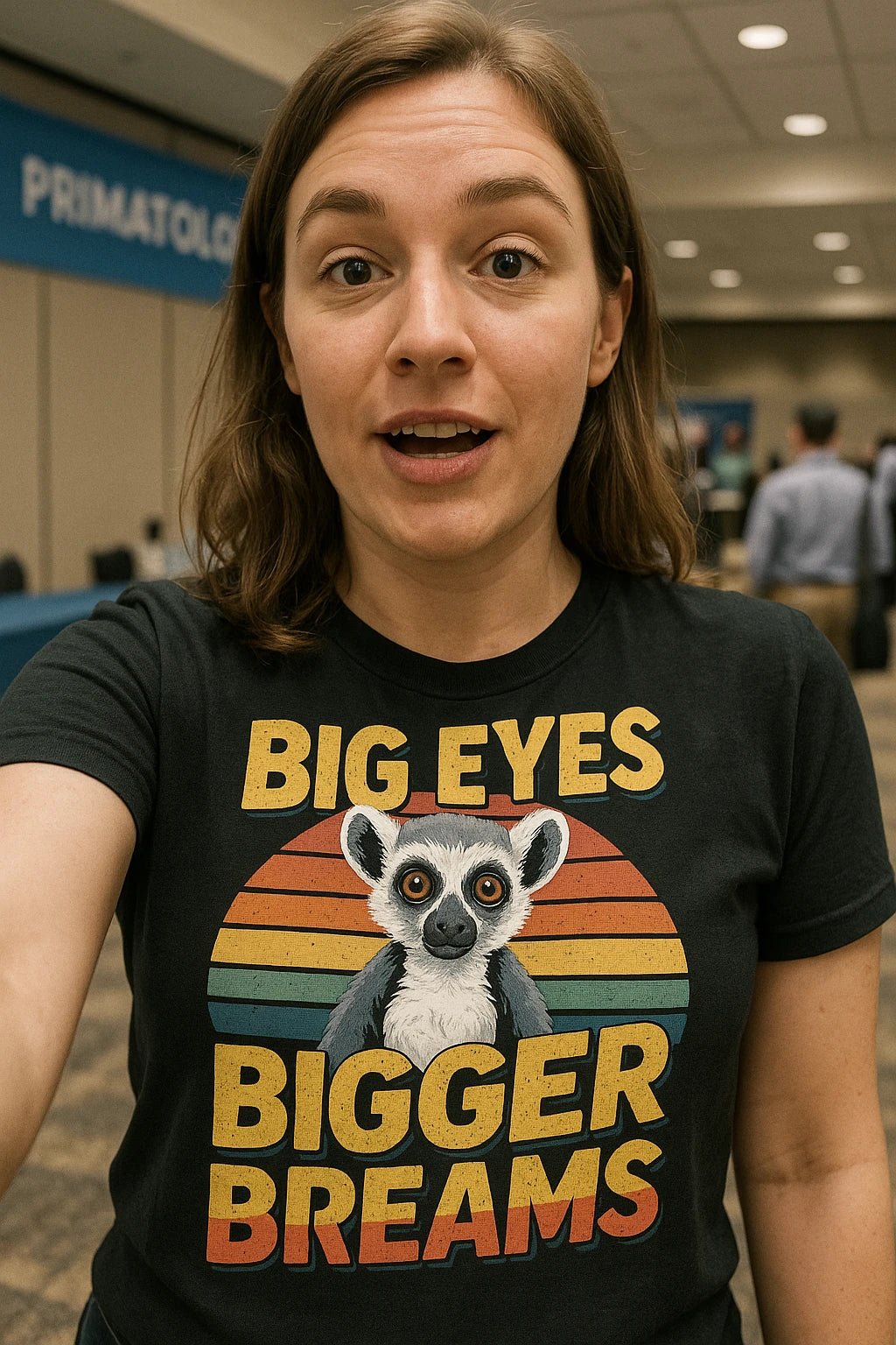 "Big Eyes Bigger Dreams" black lemur t shirt, photographed as gifts lemur lovers