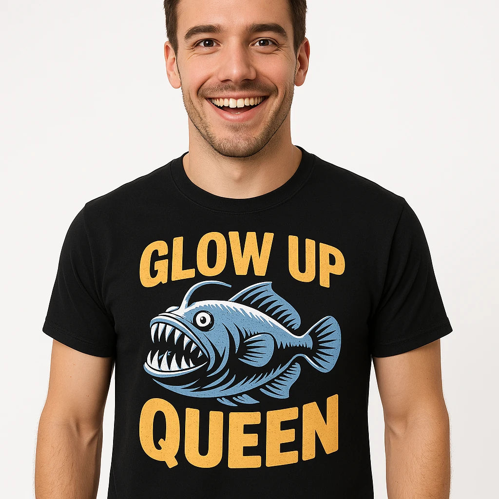 Close-up of the "Glow Up Queen" gold print on a premium Bella+Canvas black anglerfish shirts
