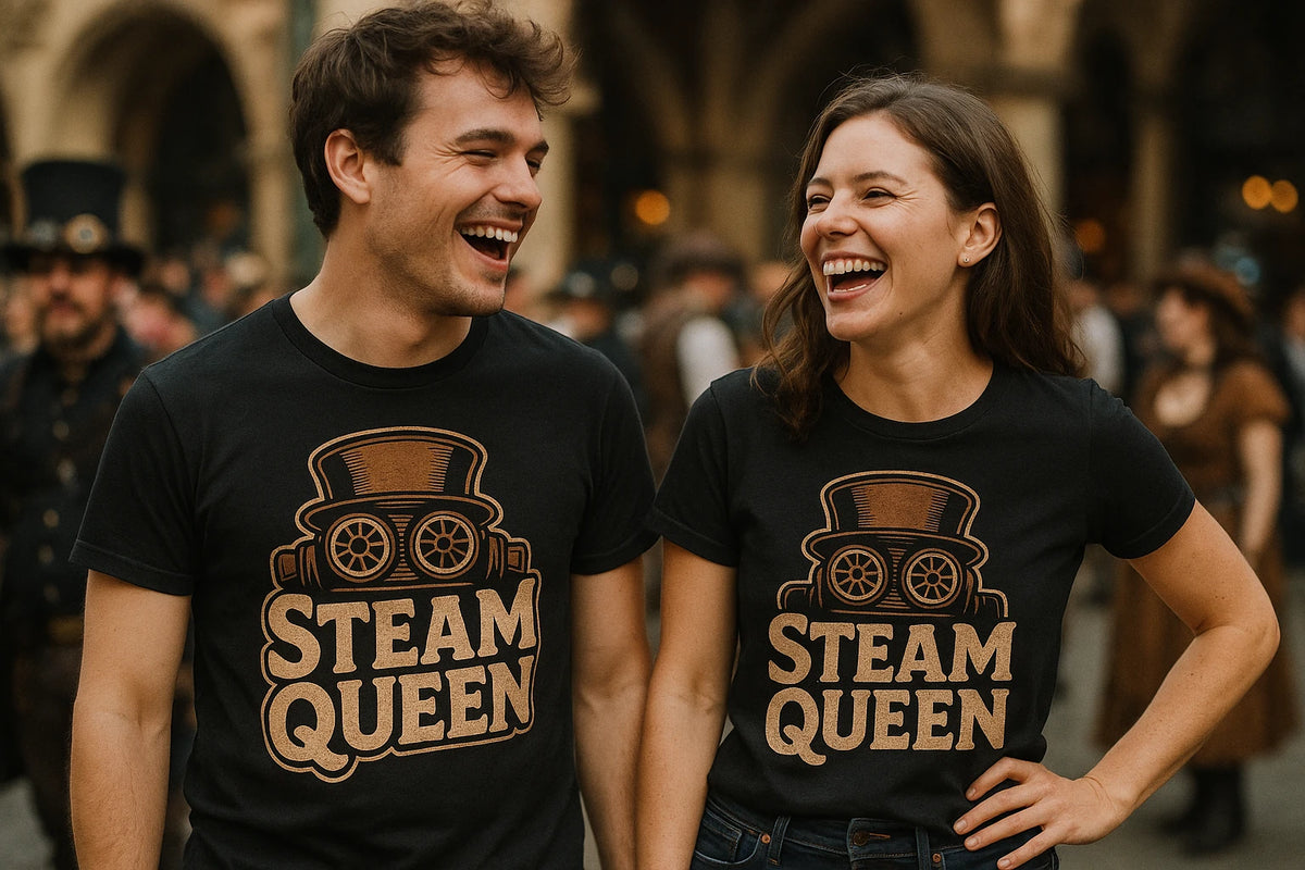 Person wearing the black steampunk shirts graphic tee - "Steam Queen" design
