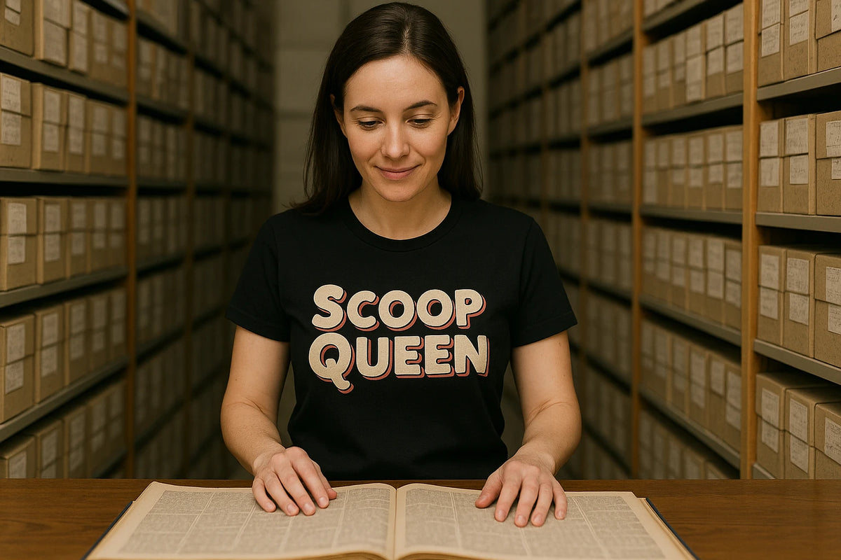 Lifestyle shot of the "Scoop Queen" black journalist t shirt in a real-world setting