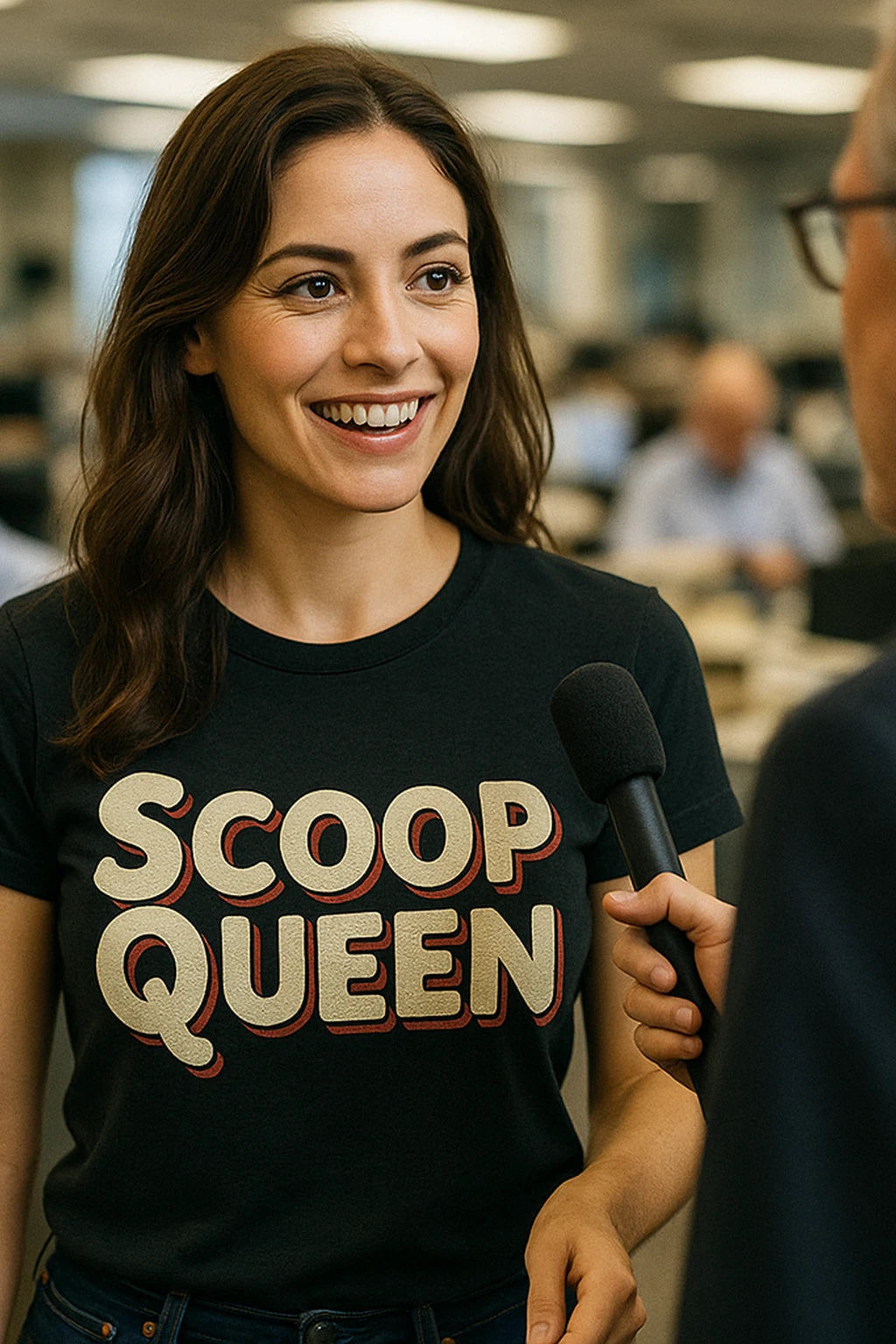 "Scoop Queen" black journalist t shirt, photographed as journalist lover gift