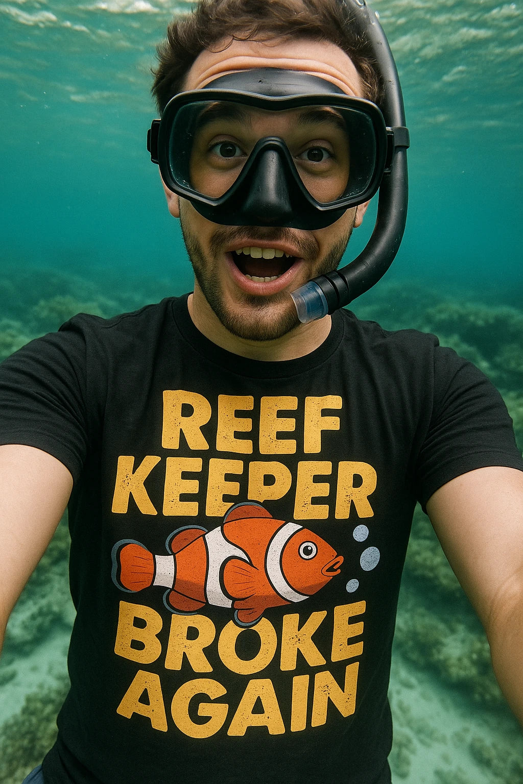 "Reef Keeper Broke Again" black clownfish shirts, photographed as clownfish lover gift