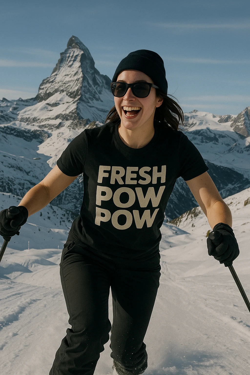 "Fresh Pow Pow" black skiing shirts - also one of the presents for ski lovers
