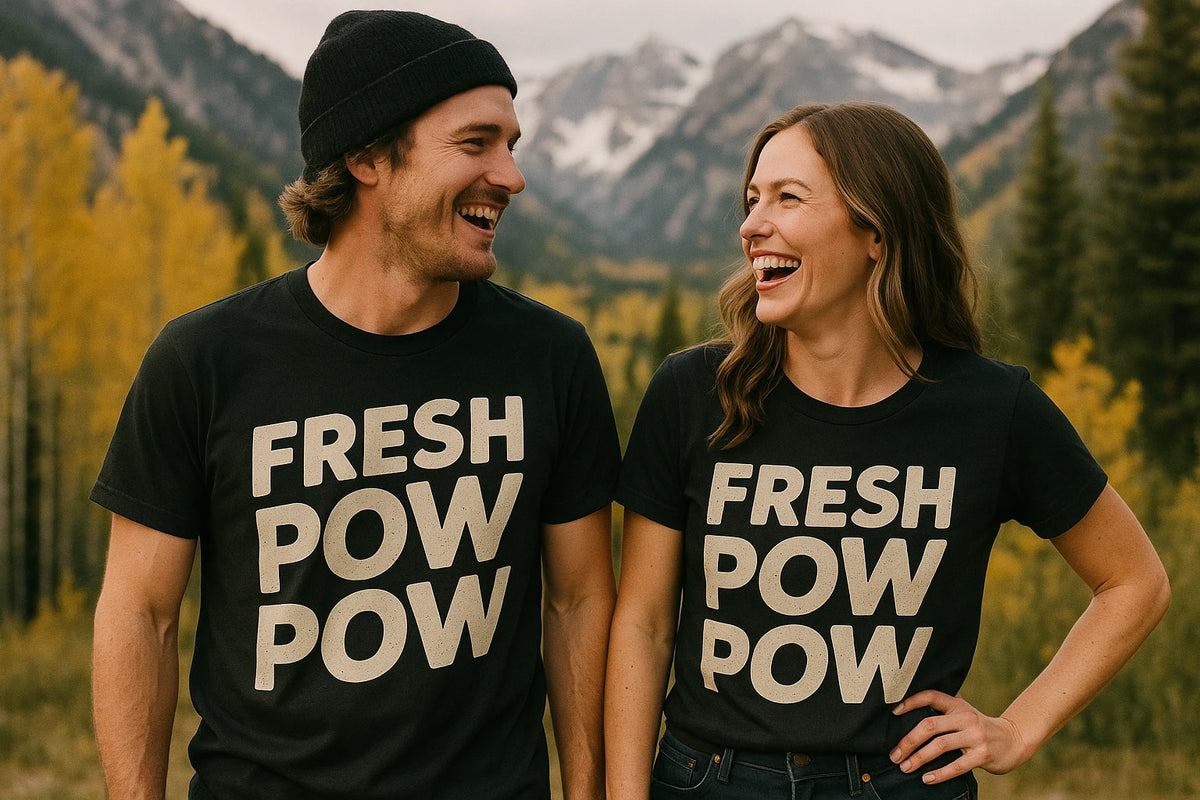 Person wearing the black skiing shirts graphic tee - "Fresh Pow Pow" design