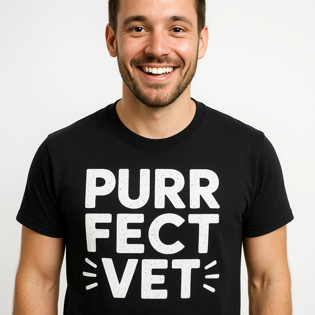 Close-up of the "Purr Fect Vet" white print on a premium Bella+Canvas black veterinarian t shirt