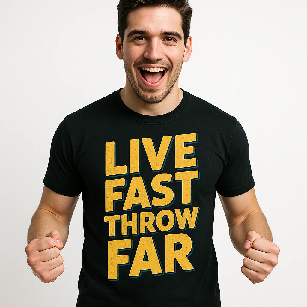 Close-up of the "Live Fast Throw Far" yellow print on a premium Bella+Canvas black track and field t shirt