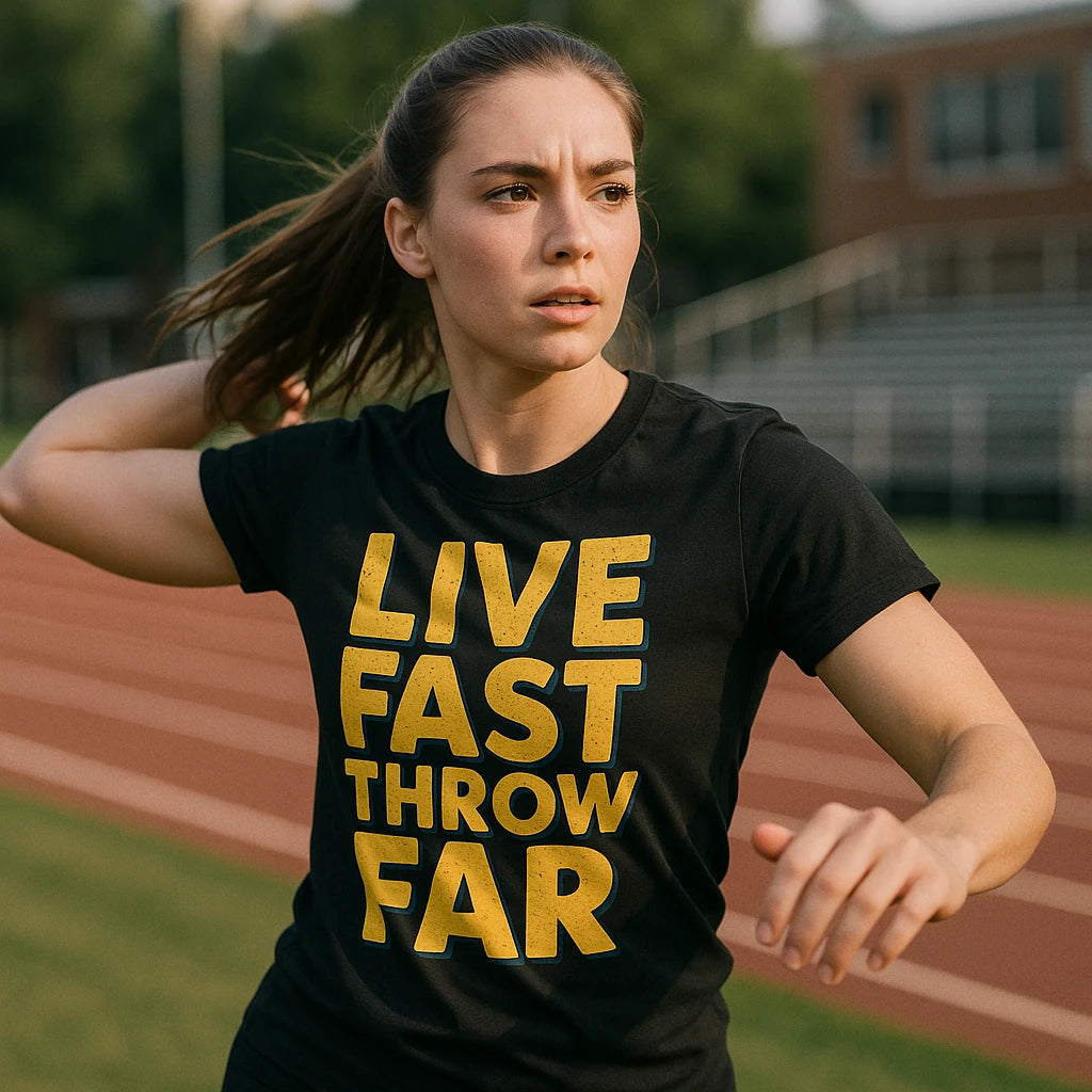 "Live Fast Throw Far" track and field t shirt - product photo 9