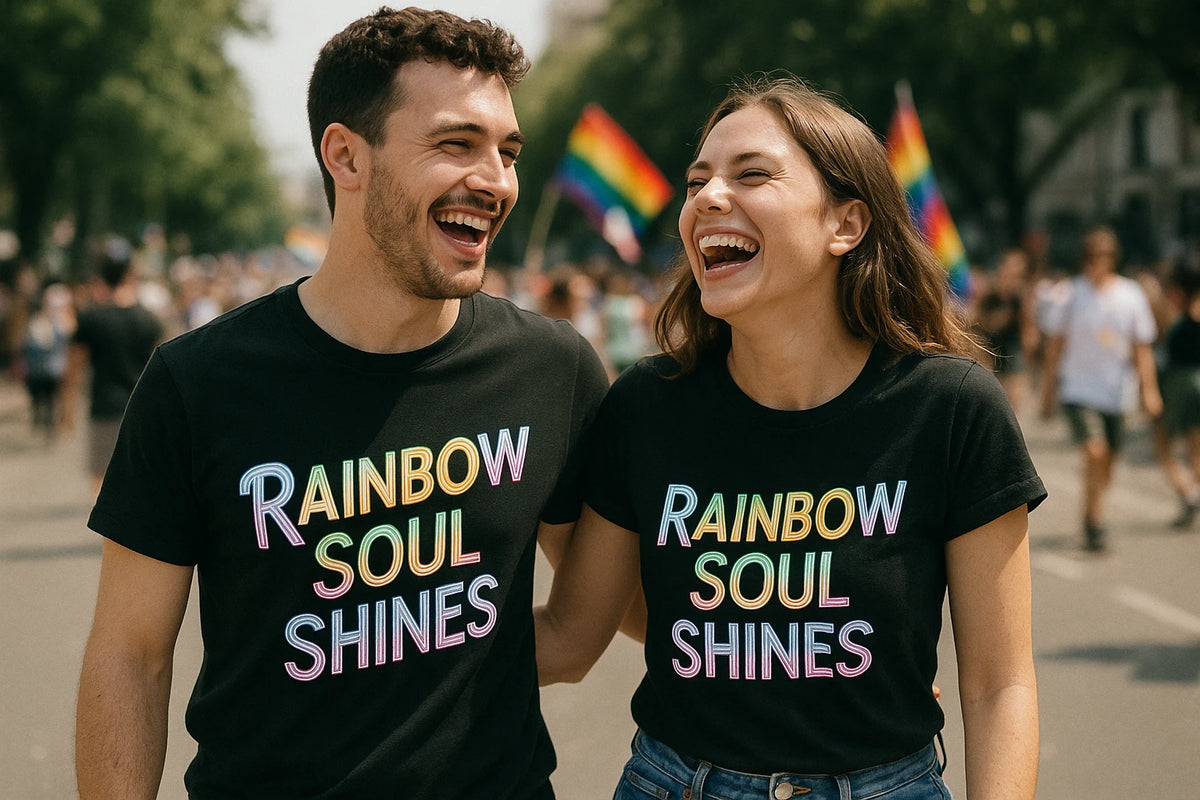 Person wearing the black lgbtq pride shirts graphic tee - "Rainbow Soul Shines" design