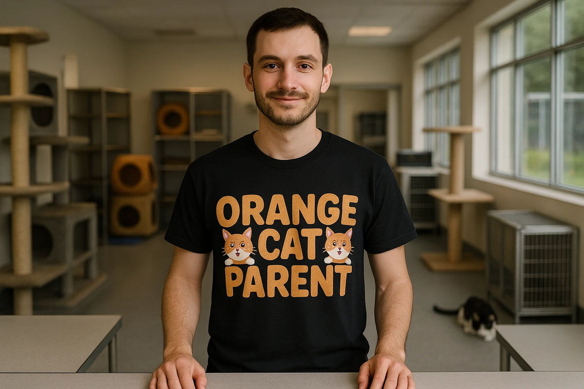 Lifestyle shot of the "Orange Cat Parent" black cat lovers t shirt in a real-world setting