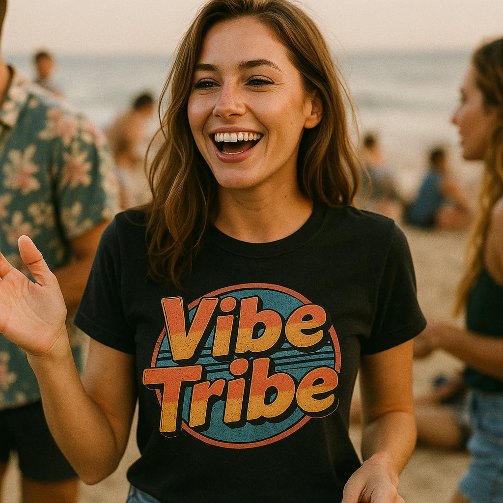 "Vibe Tribe" black socializing shirts, photographed as socializing lover gift