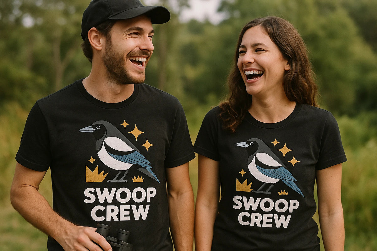 Person wearing the black magpie t shirt graphic tee - "Swoop Crew" design