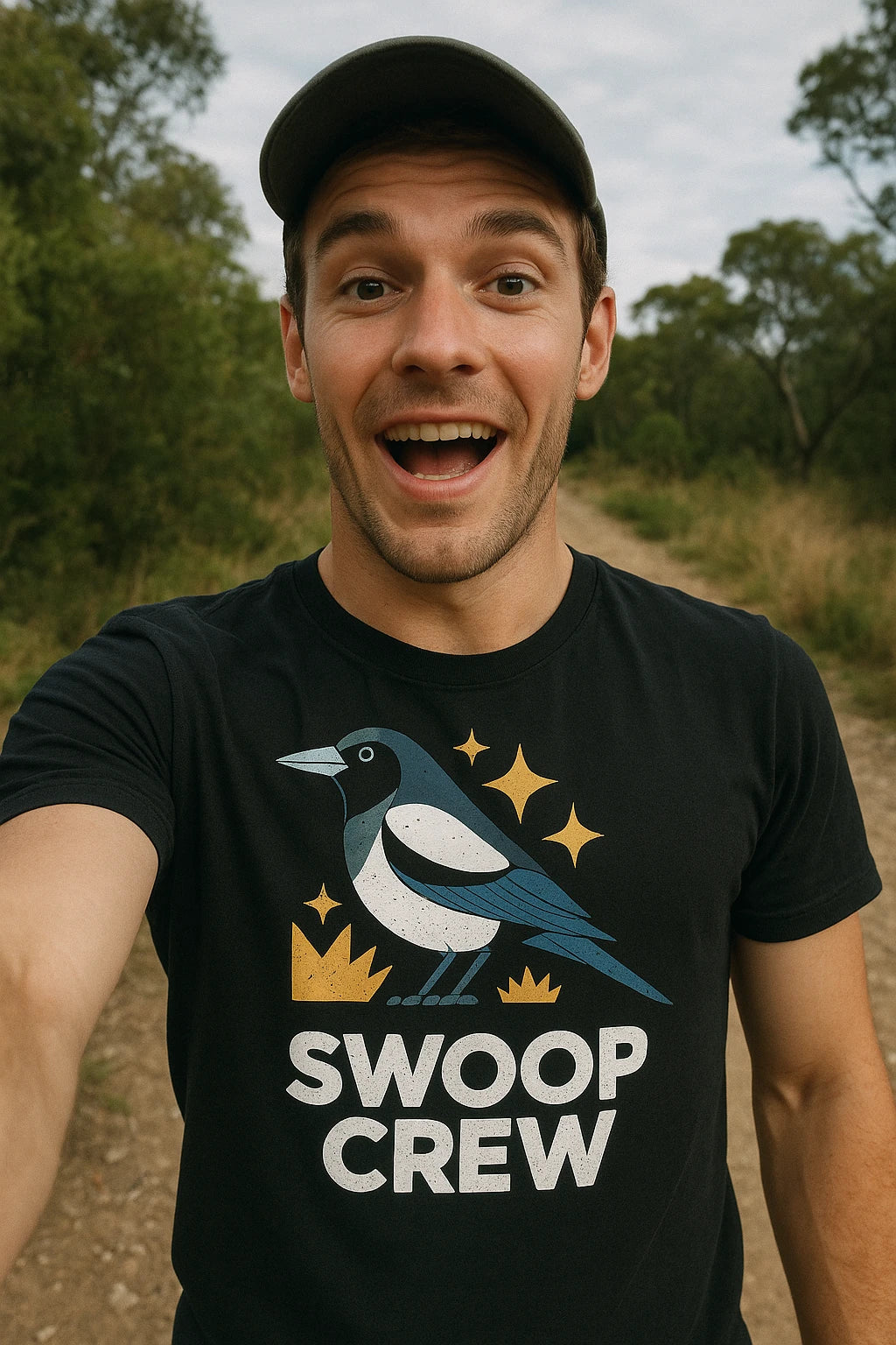 "Swoop Crew" black magpie t shirt, photographed as magpie lover gift