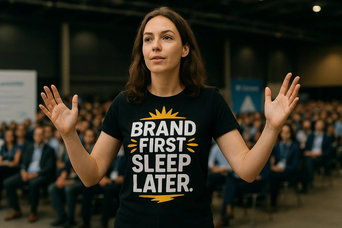 Lifestyle shot of the "Brand First Sleep Later" black entrepreneurs t shirt in a real-world setting