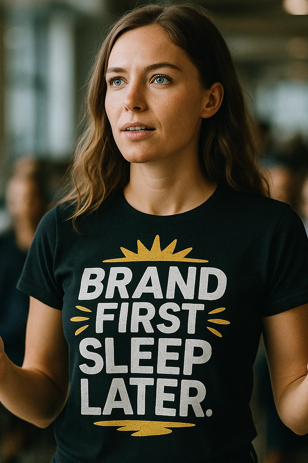 "Brand First Sleep Later" black entrepreneurs t shirt, photographed as entrepreneurs lover gift