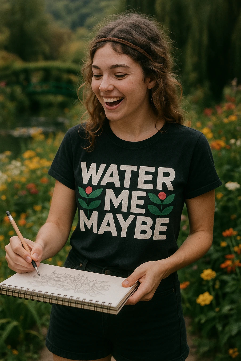 "Water Me Maybe" black botany t shirt, photographed as gifts for botany lovers