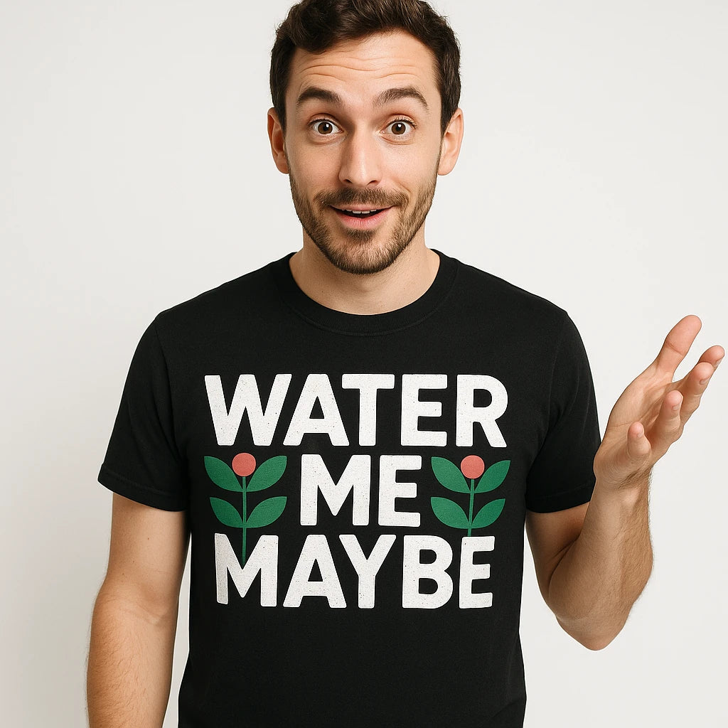 Close-up of the "Water Me Maybe" white print on a premium Bella+Canvas black botany t shirt
