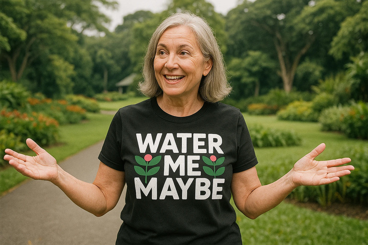 Lifestyle shot of the "Water Me Maybe" black botany t shirt in a real-world setting