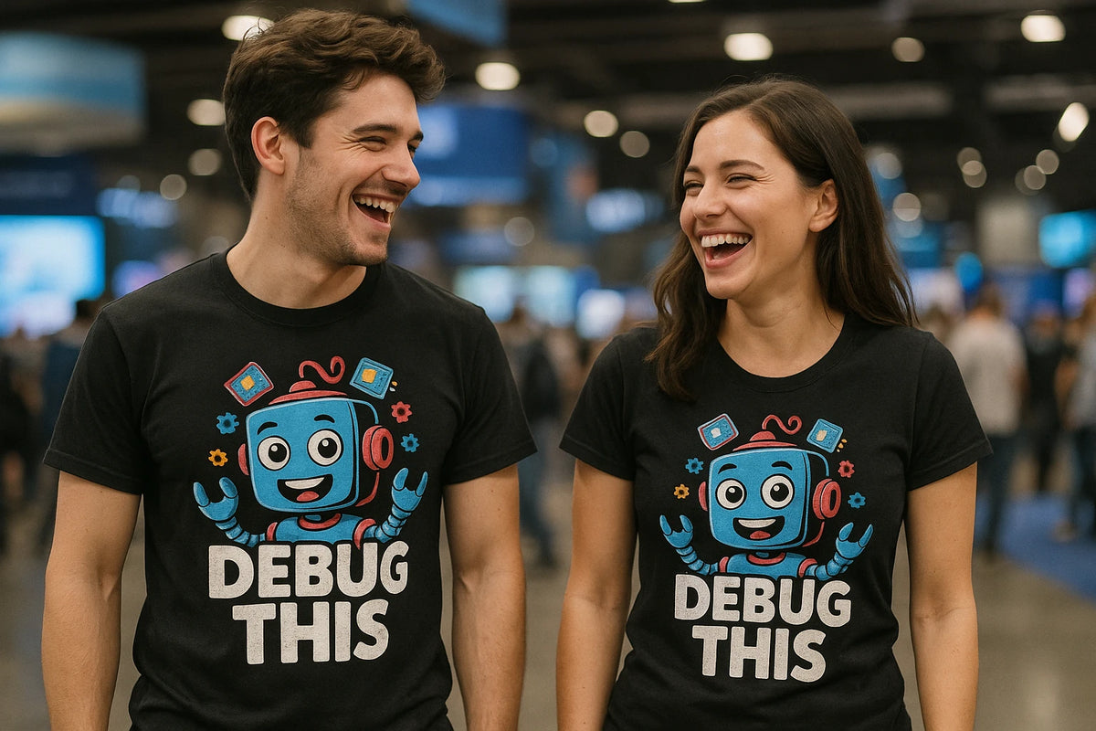 Person wearing the black gadget t shirt graphic tee - "Debug This" design