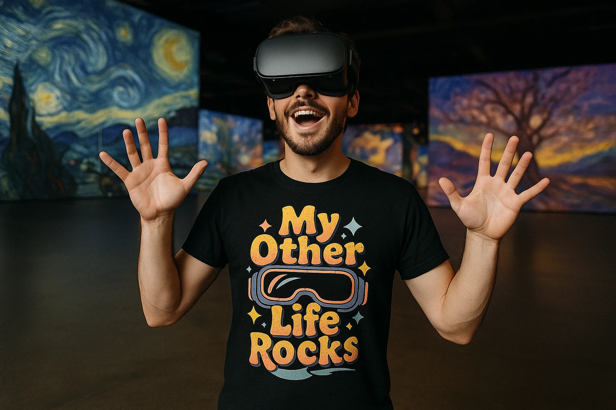 Lifestyle shot of the "My Other Life Rocks" black virtual reality t shirt in a real-world setting