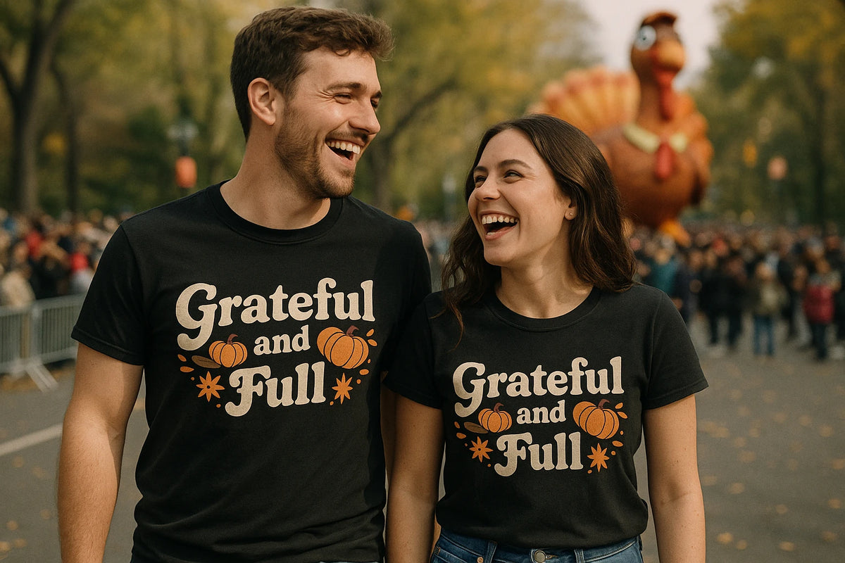Person wearing the black thanksgiving day shirts graphic tee - "Grateful and Full" design