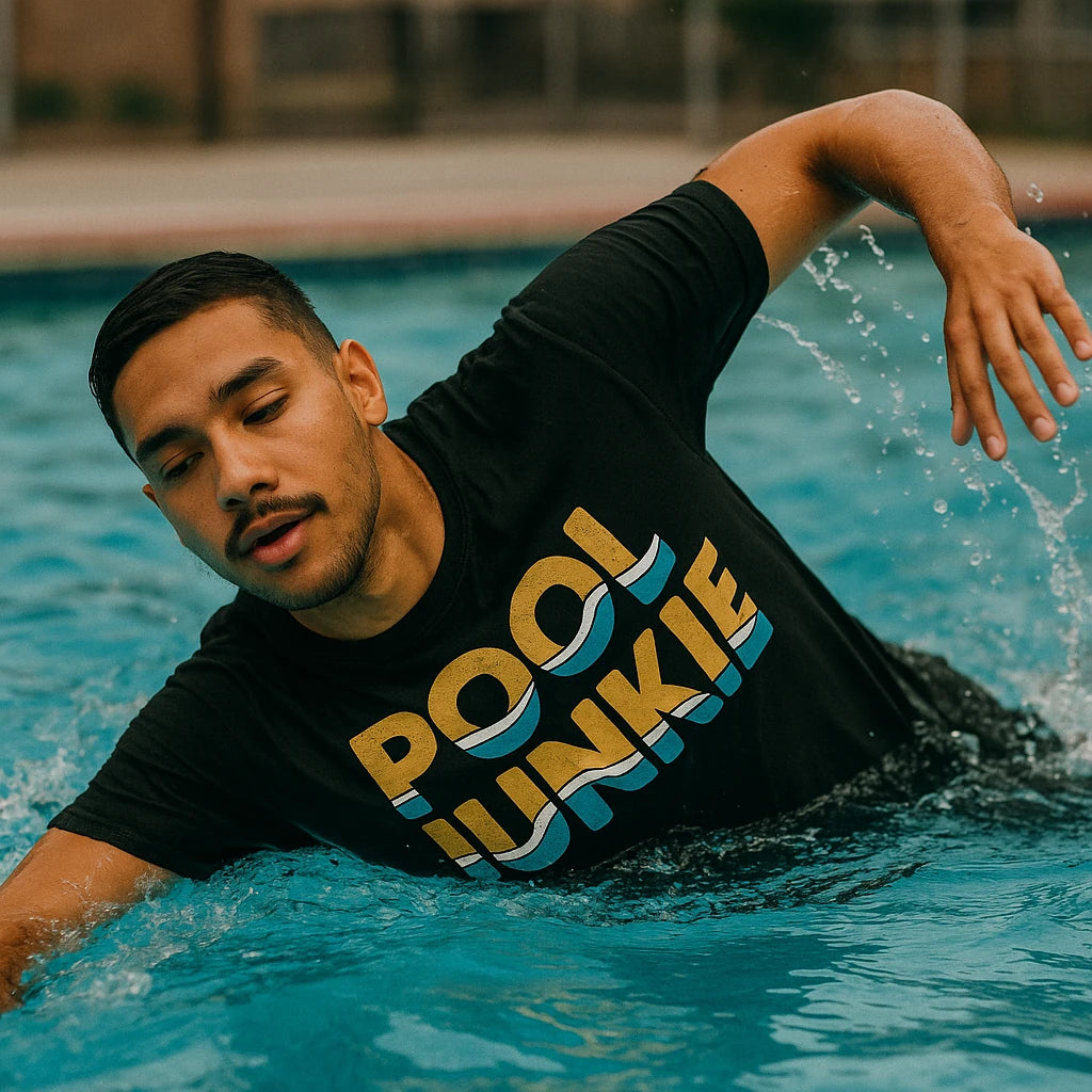 "Pool Junkie" black swimming t shirt - also a thermal shirt for swimming in cold water