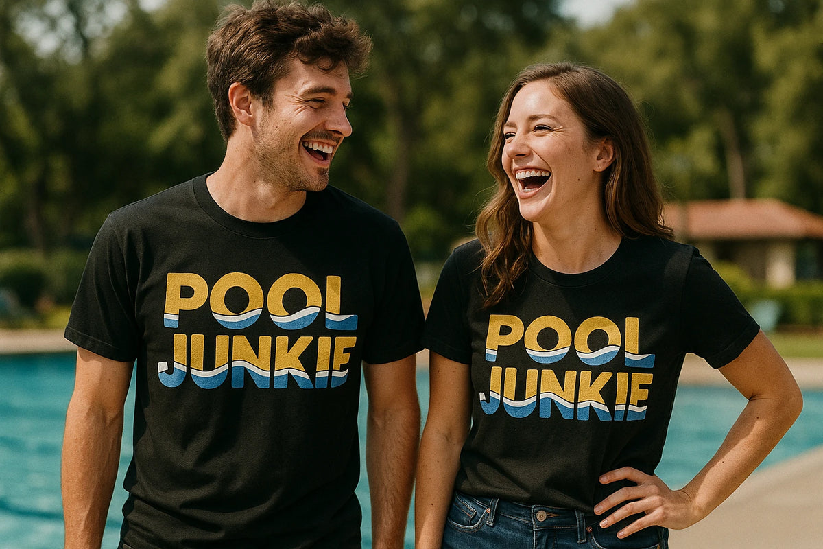 Person wearing the black swimming t shirt graphic tee - "Pool Junkie" design