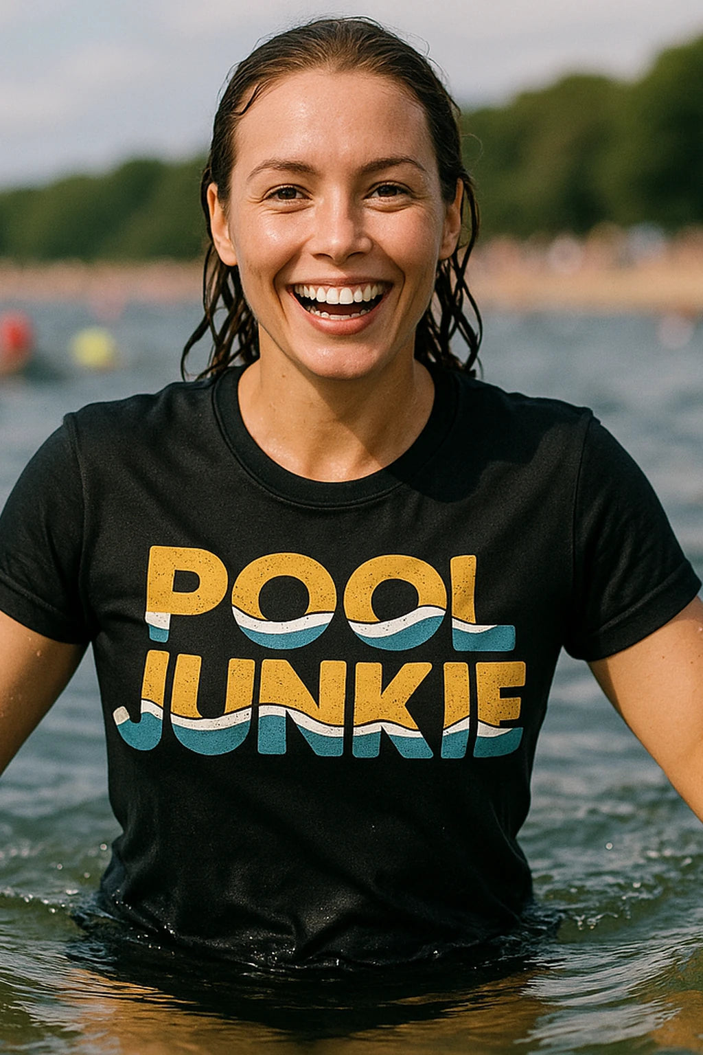 "Pool Junkie" black swimming t shirt - also a wet shirt for swimming