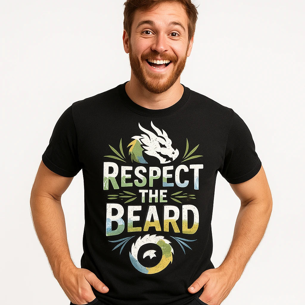 Close-up of the "Respect the Beard" gray print on a premium Bella+Canvas black dragons shirts