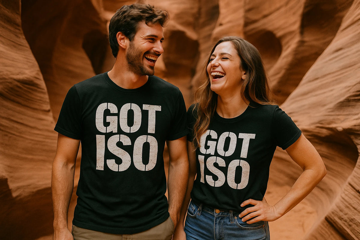 Person wearing the black photographers shirts graphic tee - "Got Iso" design