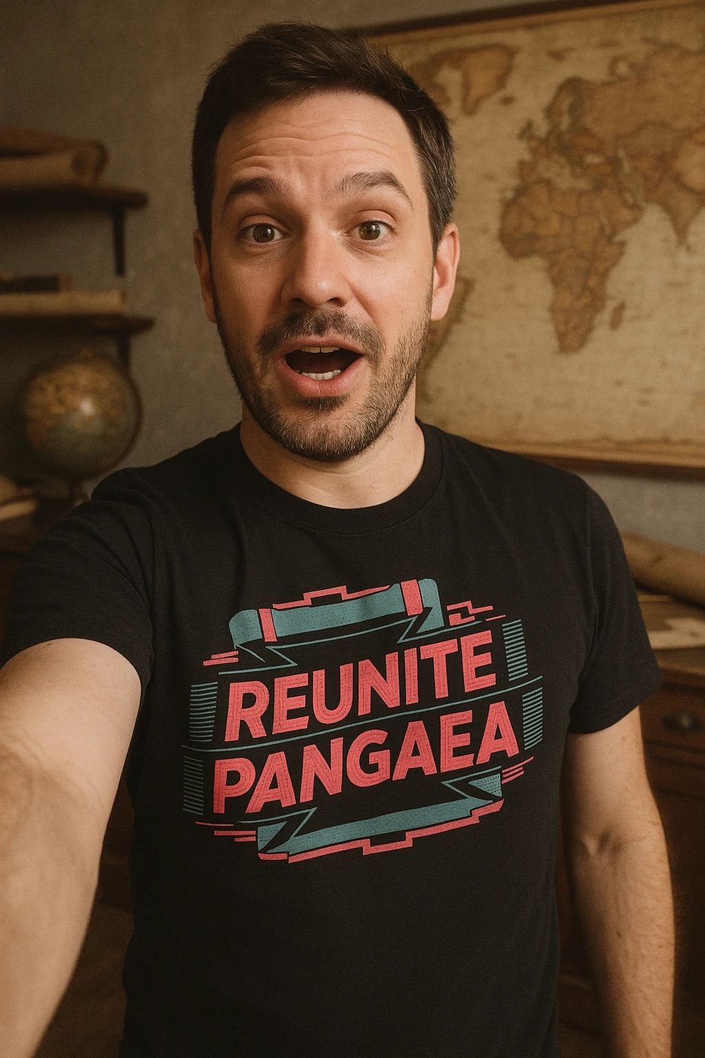 "Reunite Pangaea" black cartographer t shirt, photographed as cartographer gift