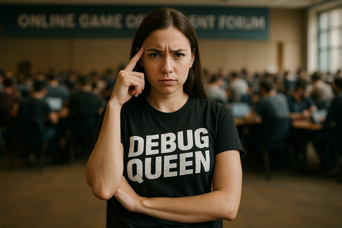 Lifestyle shot of the "Debug Queen" black game developer t shirt in a real-world setting