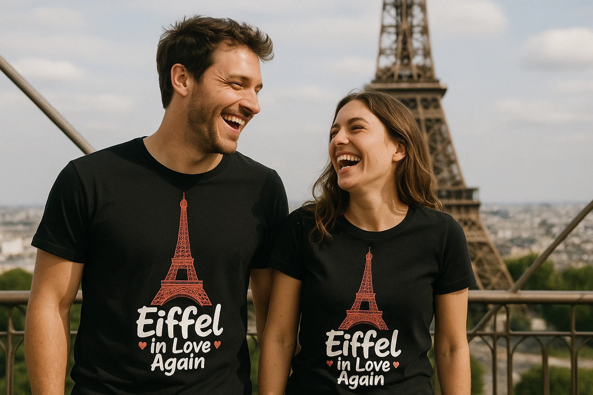 Person wearing the black eiffel tower t shirt graphic tee - "Eiffel in Love Again" design