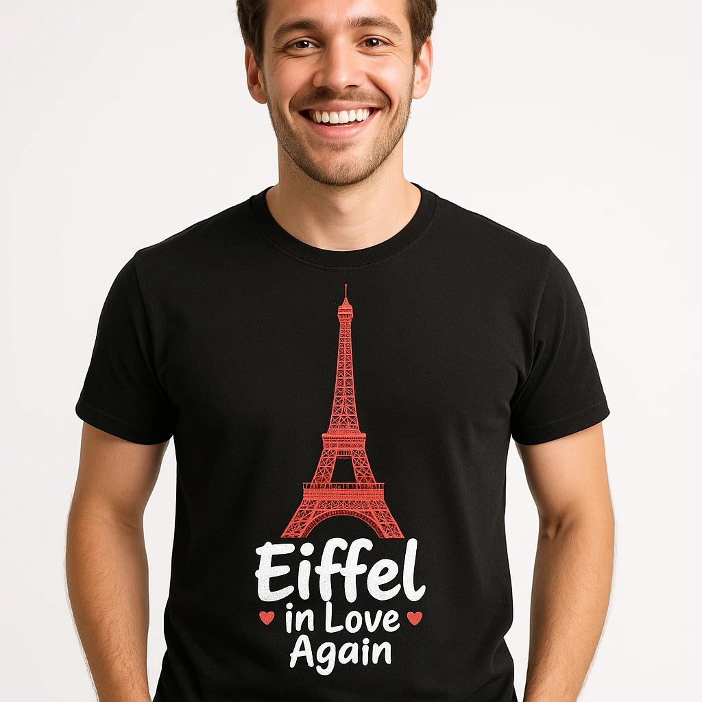 Close-up of the "Eiffel in Love Again" red print on a premium Bella+Canvas black eiffel tower t shirt