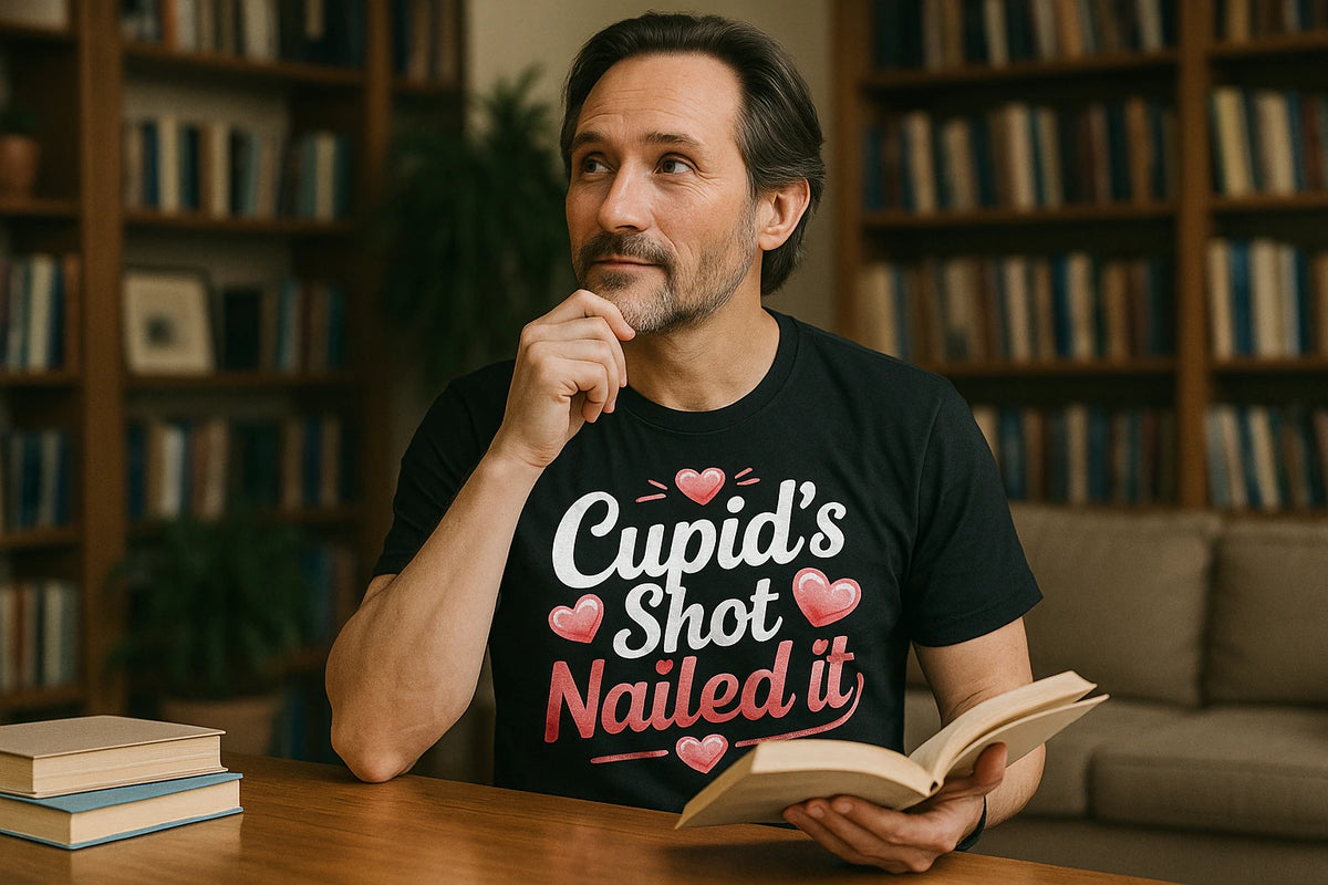 Lifestyle shot of the "Cupid’S Shot Nailed It" black relationships shirts in a real-world setting