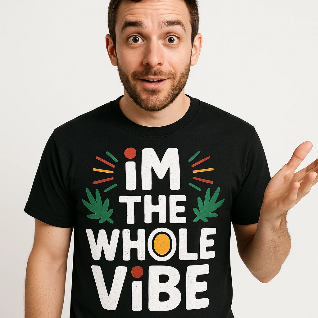 Close-up of the "Im the Whole Vibe" white print on a premium Bella+Canvas black growth mindset t shirt