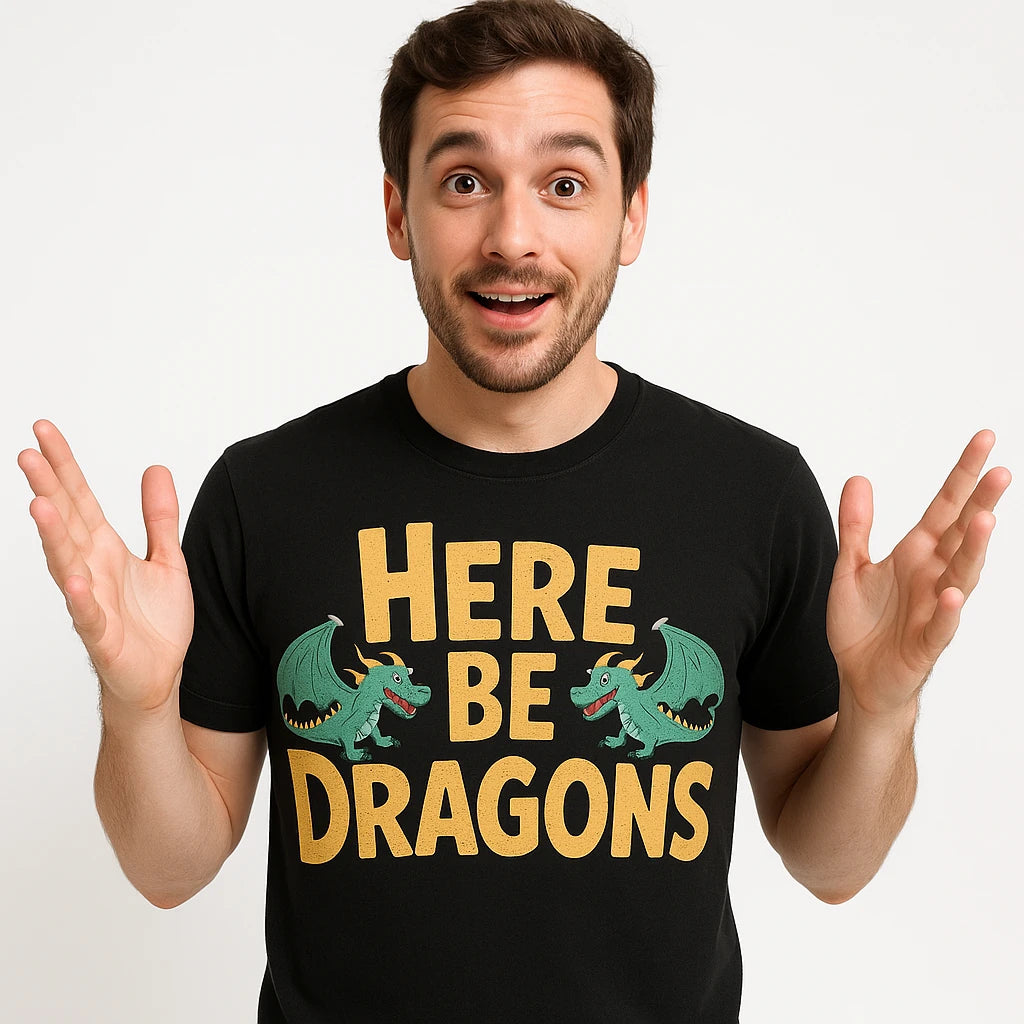Close-up of the "Here Be Dragons" tan print on a premium Bella+Canvas black cartographer shirts