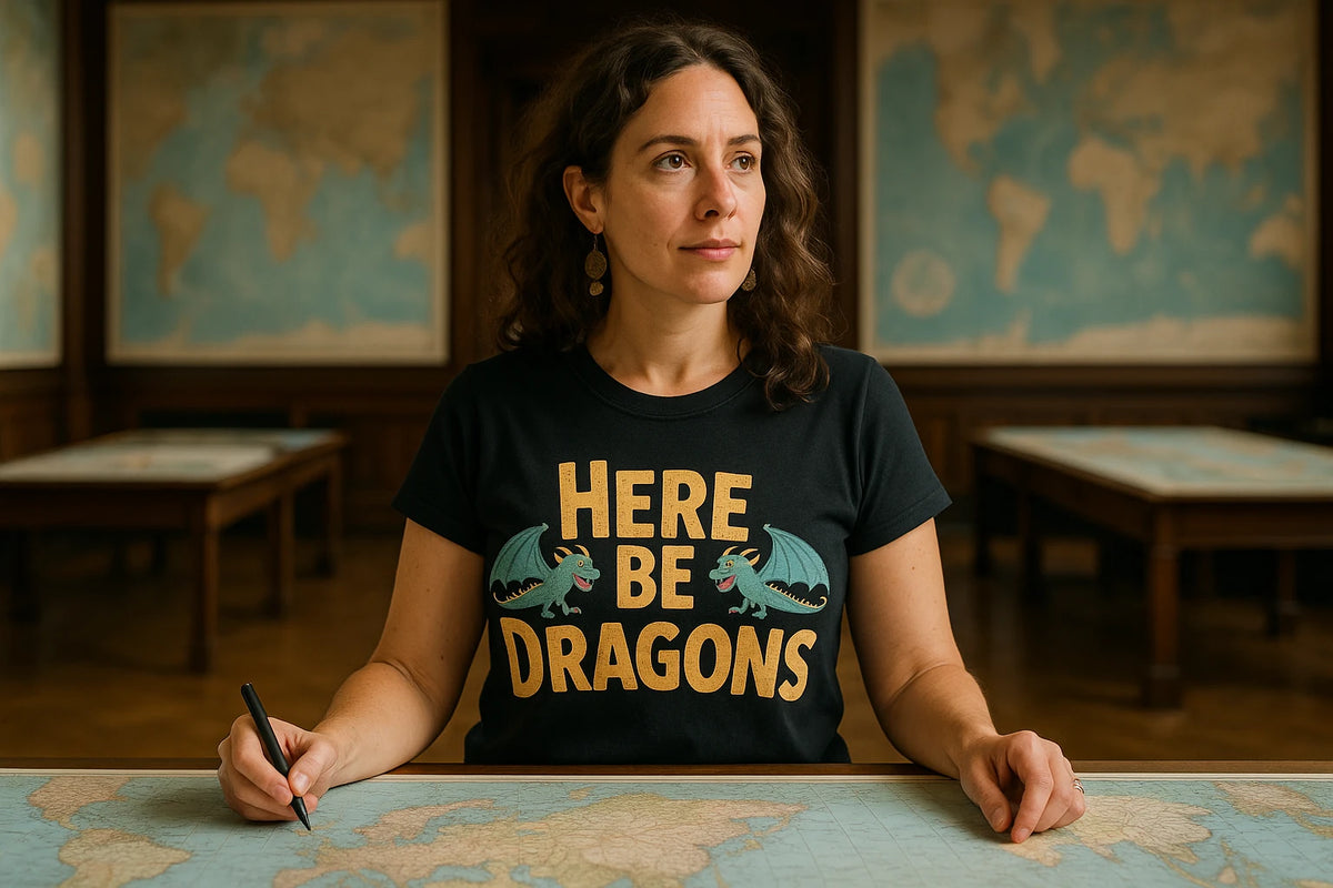 Lifestyle shot of the "Here Be Dragons" black cartographer shirts in a real-world setting