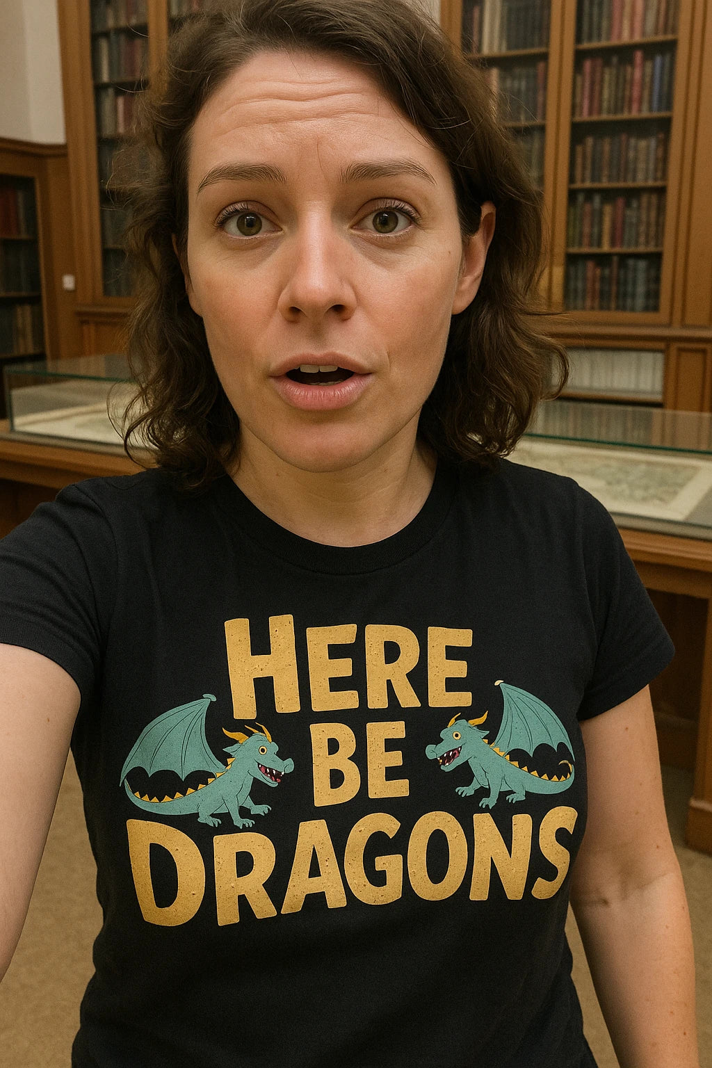 "Here Be Dragons" black cartographer shirts, photographed as cartographer gift