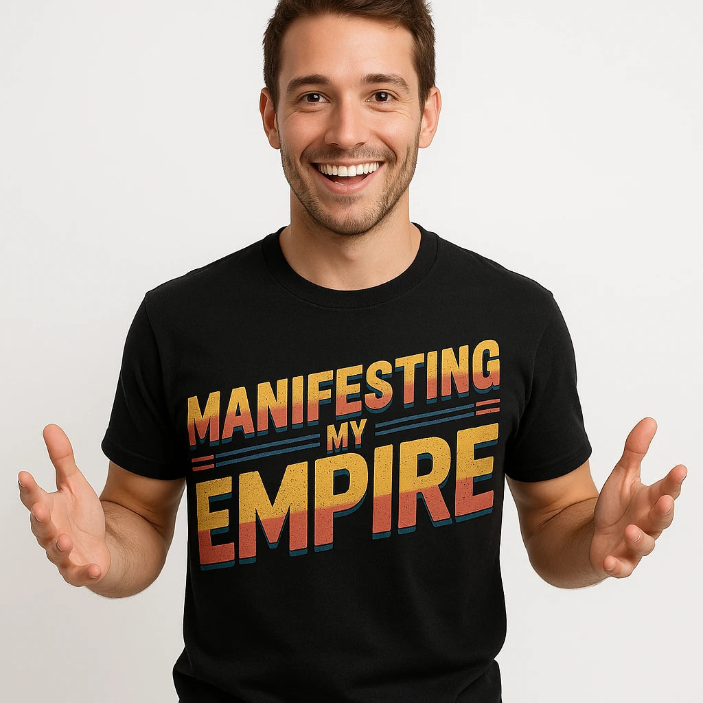 Close-up of the "Manifesting My Empire" orange print on a premium Bella+Canvas black entrepreneurs shirts