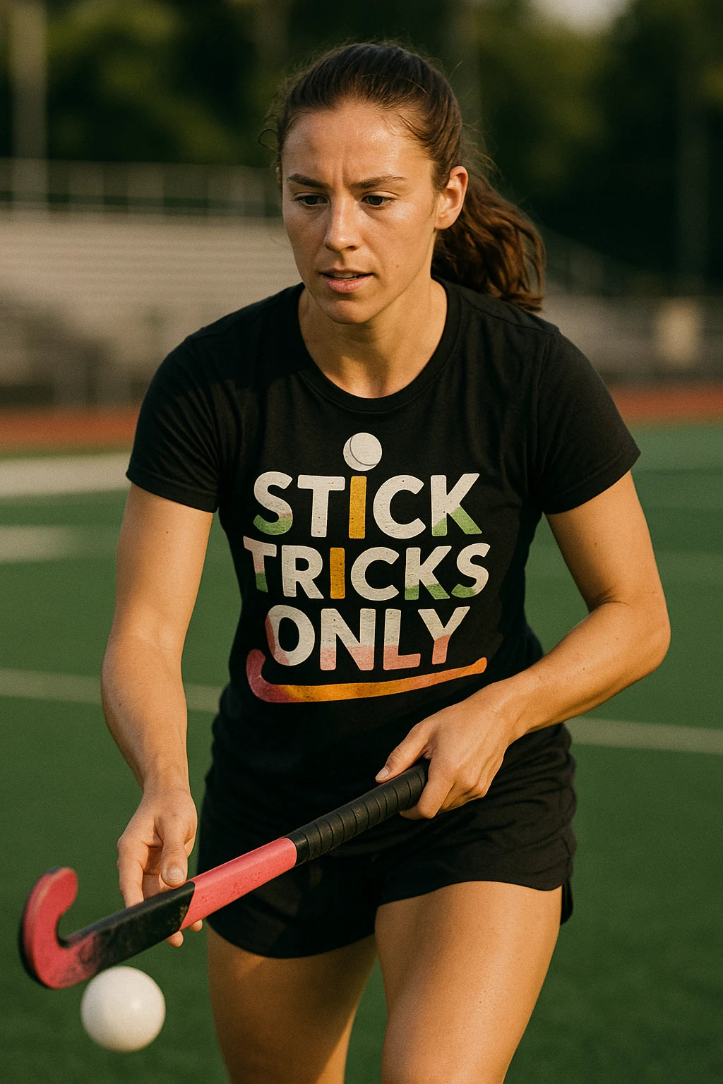 "Stick Tricks Only" black field hockey sweatshirt, photographed as gifts for field hockey lovers